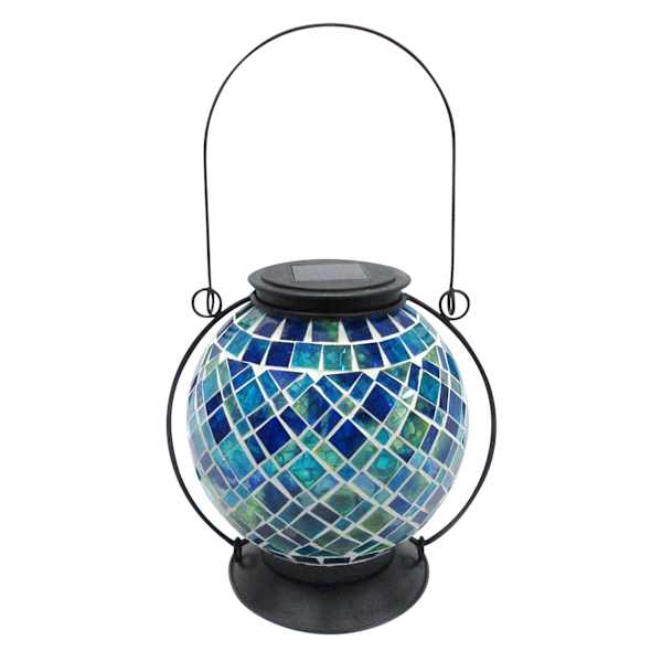 Blue Mosaic Glass Ball Outdoor Lantern with Metal Handle, 8"