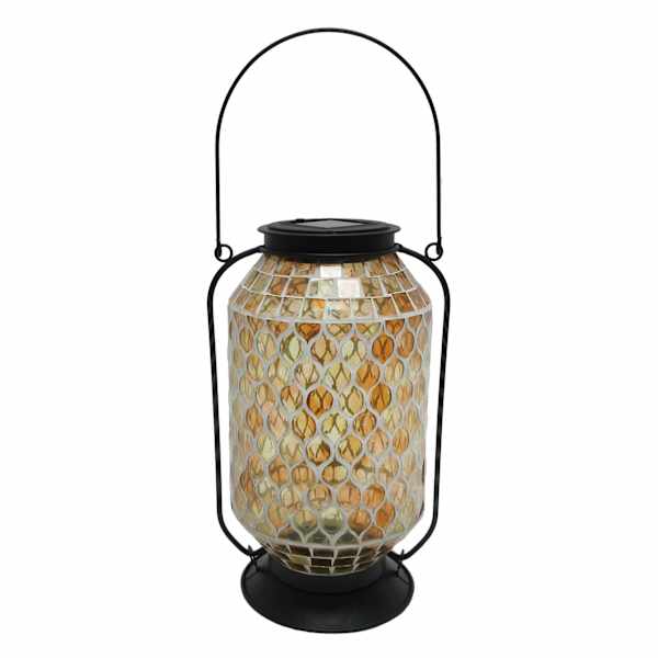 Amber Mosaic Glass Outdoor Solar Lantern, 11"