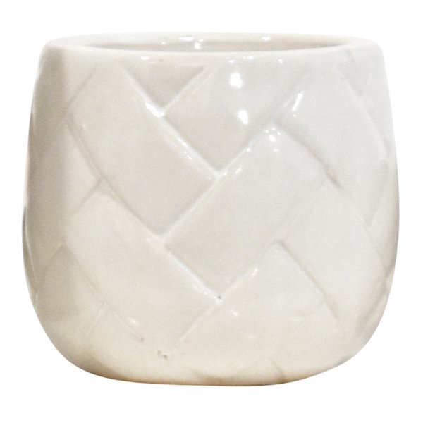 Indoor White Glazed Weave Textured Ceramic Pot, Medium