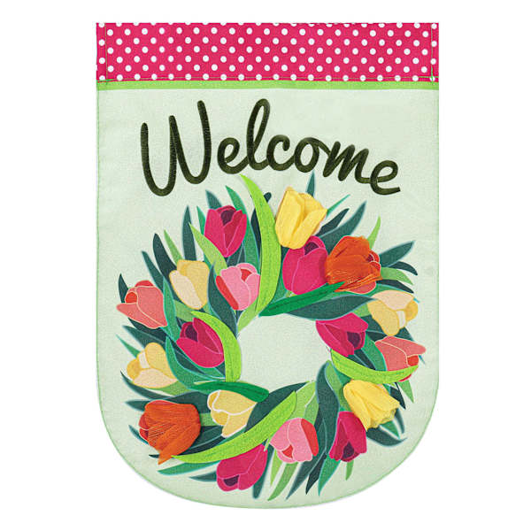 Spring Tulip Welcome Wreath Garden Flag, 18"