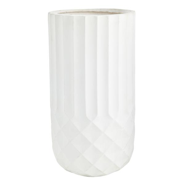 Tall White Cylindrical Diamond Ribbed Shadow Outdoor Planter, Medium