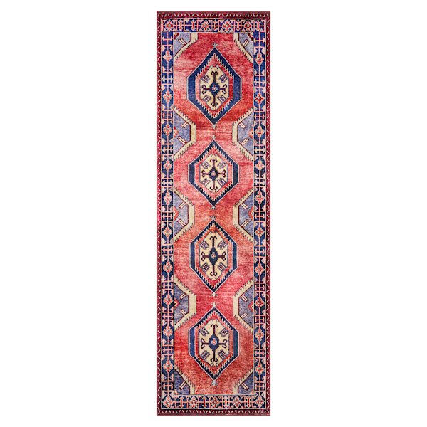 (D565) Freya Red & Blue Medallion Washable Runner, 2x7