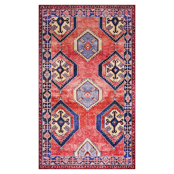 (D565) Freya Red & Blue Medallion Washable Accent Rug, 3x5