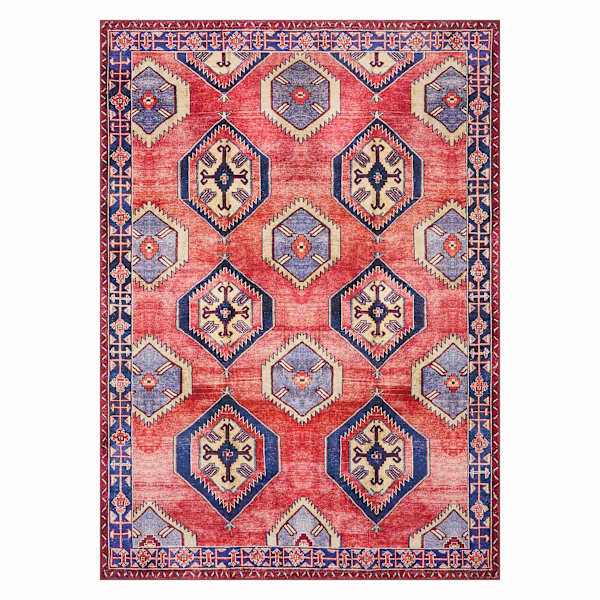 (D565) Freya Red & Blue Medallion Washable Area Rug, 5x7