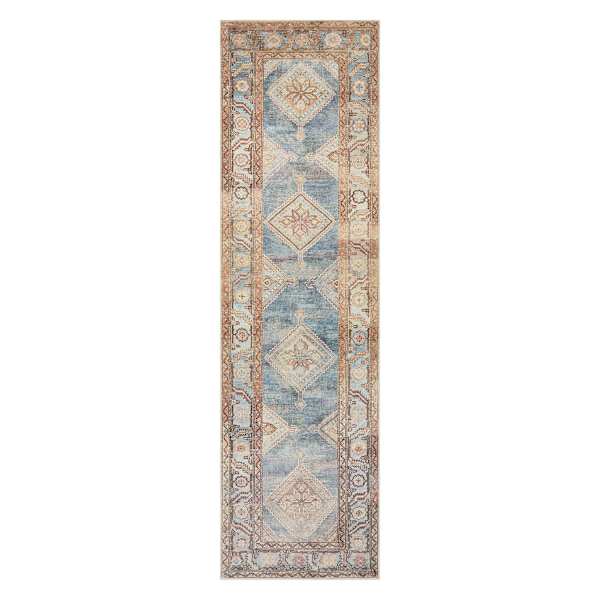 (D569) Freya Blue Multicolor Medallion Washable Runner, 2x7