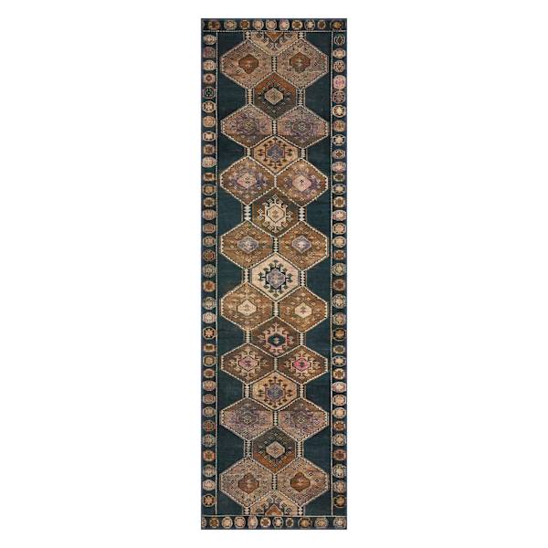 (D571) Freya Black Medallion Washable Runner, 2x7