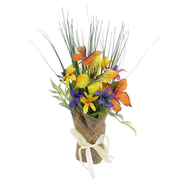 Assorted Yellow Flowers & Butterflies Burlap Bouquet, 12"