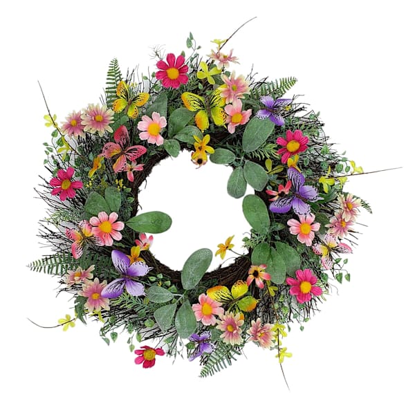 Yellow & Purple Daisy with Butterflies Floral Wreath, 24"