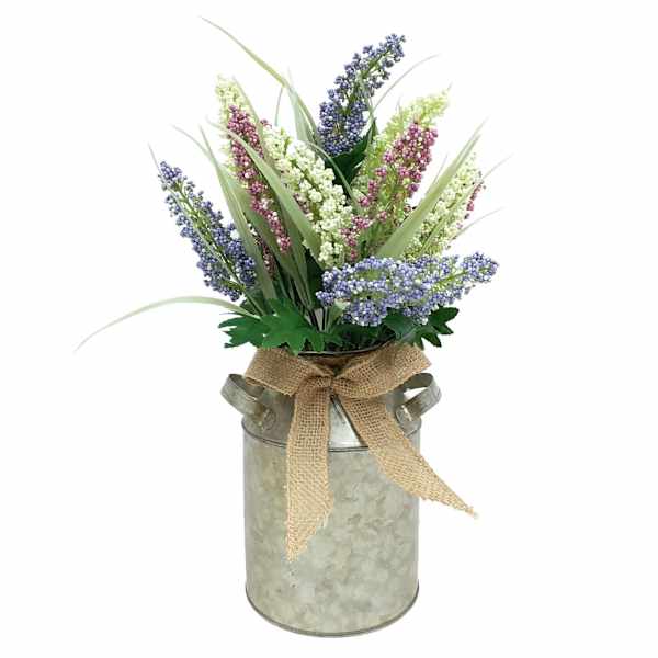 Purple Heather Flowers with Galvanized Metal Planter, 15"