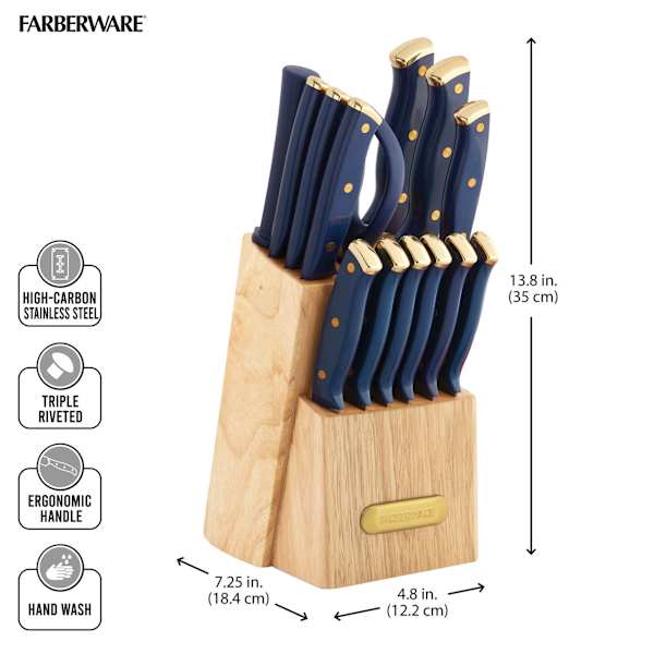 Farberware 15-Piece Navy and Gold Handle Triple Riveted Knife Block Set