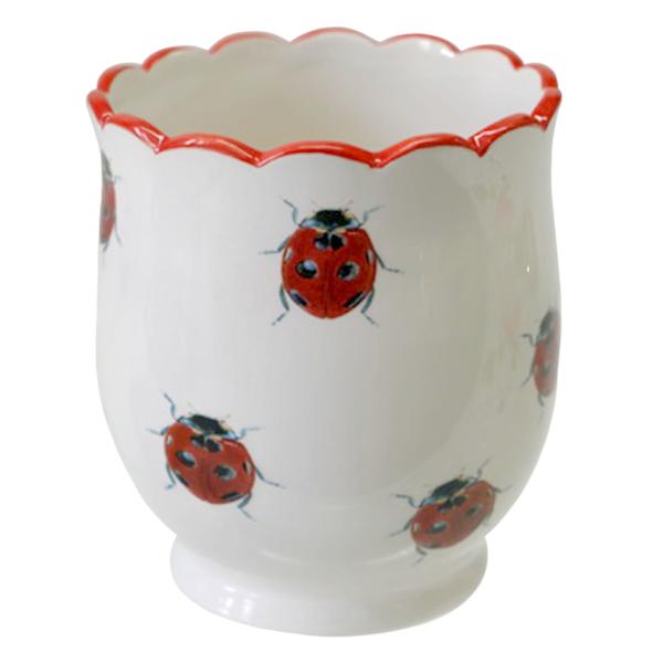 Indoor Ladybug Scalloped Ceramic Pot, Medium