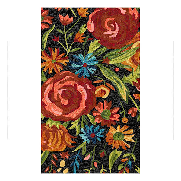 (E255) Santa Monica Black Floral Indoor & Outdoor Accent Rug, 3x5