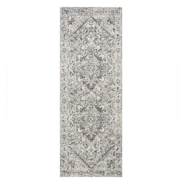(B548) Providence Villa Dark Grey & Cream Distressed Look Runner, 2x6