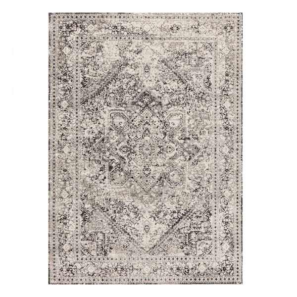 (B548) Providence Villa Dark Grey & Cream Distressed Look Area Rug, 5x8