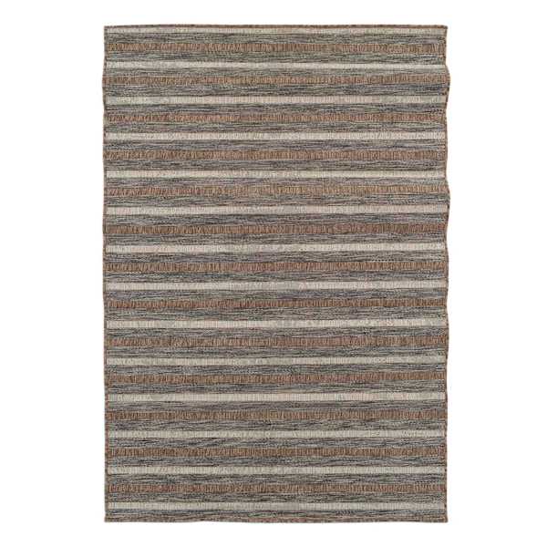 (E221) Ivory, Brown & Grey Striped Modern Indoor & Outdoor Rug