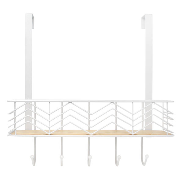 5-Hook White Chevron Bombay Diamond with Bamboo Wooden Basket Over the Door Hanger