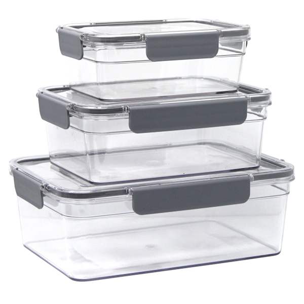 Set of 3 Rectangle Airtight Food Storage Containers, Charcoal