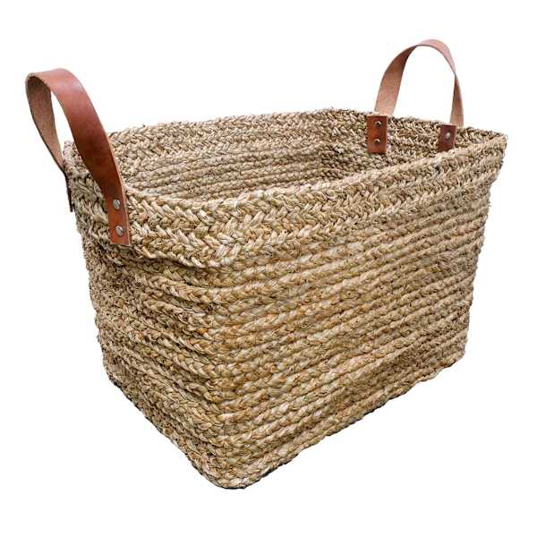 Honeybloom Austin Rectangle Seagrass Storage Basket with Leather Handles, Medium