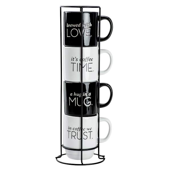Set of 4 Stacked Coffee Sentiment Mugs, 14oz