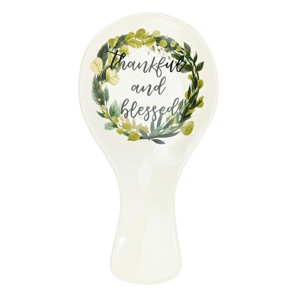 Earthenware Antique White Spoon Rest/Garland Thankful/Blessed