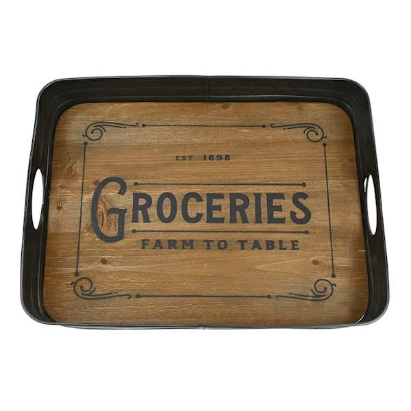 Wooden Groceries Tray with Metal Border, 17.5"