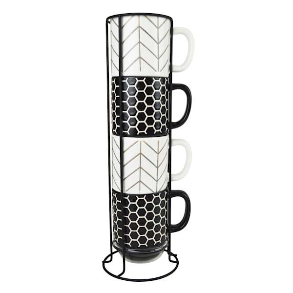 Set of 4 Black & White Tile Mugs, 14oz
