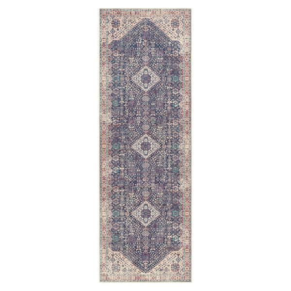 Amelie Dark Blue & Ivory Washable Runner, 2x8