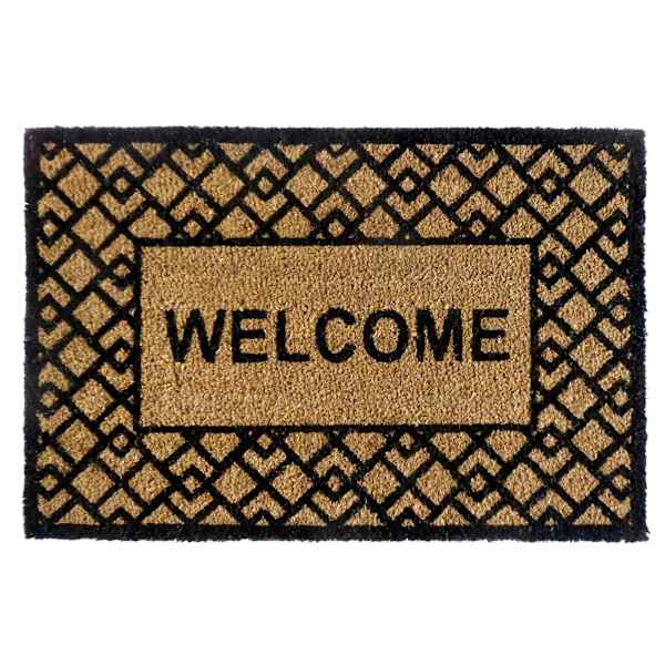 Welcome Black & Natural Coir Mat with Geometric Border, 22x34