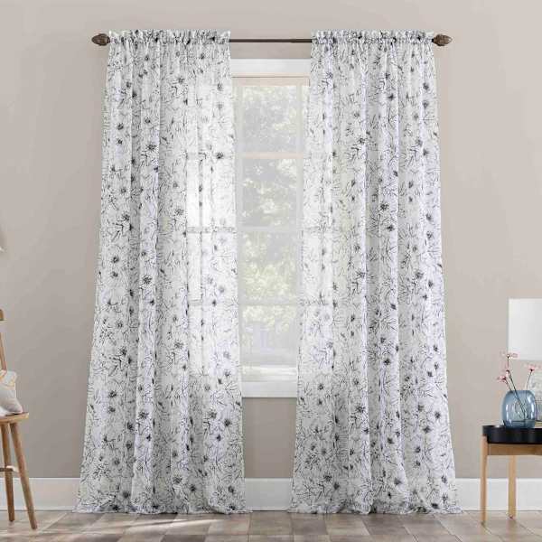 Grey & White Poppy Print Rod Pocket Sheer Curtain Panel, 84"