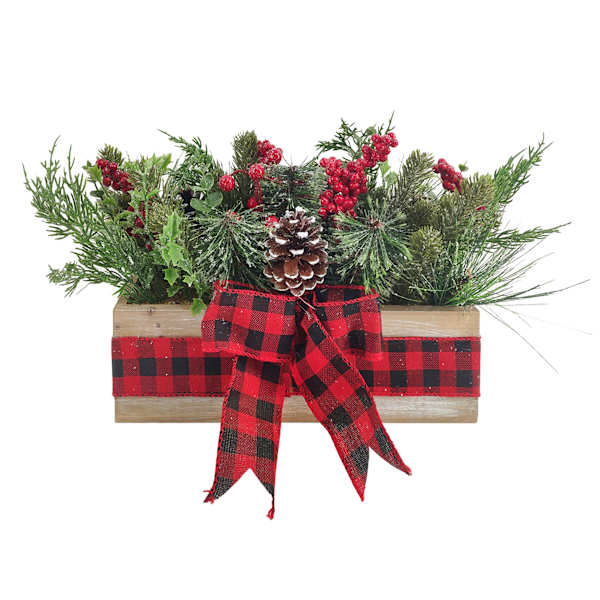Homespun Holiday Arrangement in Wood Box with Red Buffalo Plaid Bow, 10"