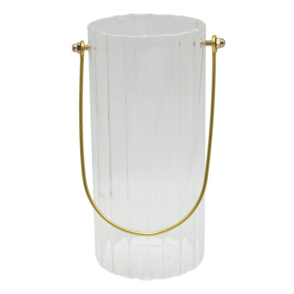 Tracey Boyd Clear Ribbed Glass Hurricane Candle Holder with Handle, 8"