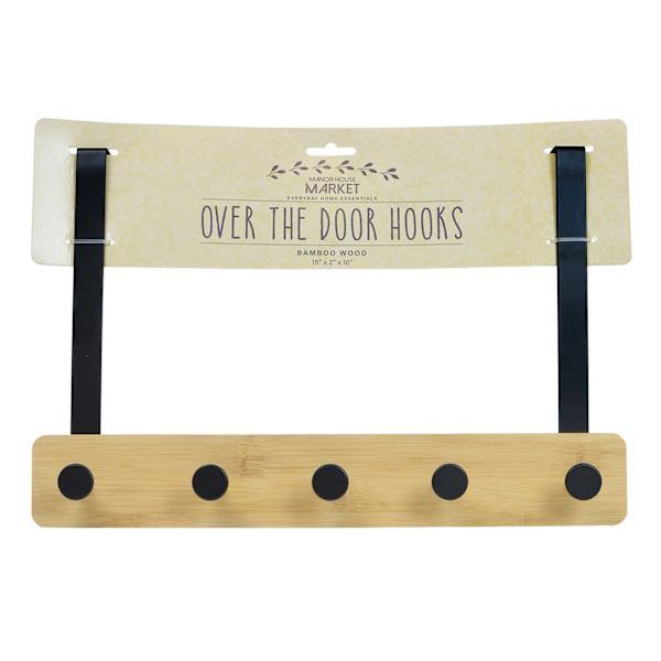 5-Hook Black Metal with Bamboo Wood Over the Door Hanger