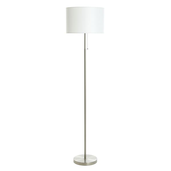 Silver Stick Floor Lamp with White Fabric Drum Shade, 62"