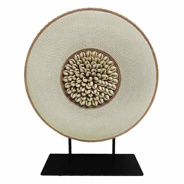 Tracey Boyd Brown & Ivory Carved Medallion with Beads on Stand, 16"