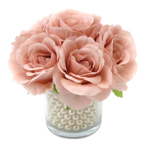 Pink Rose Floral Bouquet with Pearls in Glass Vase, 8"