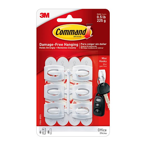 Command Mini White Hooks with White Strips 6-Hooks, 8-Small Strips