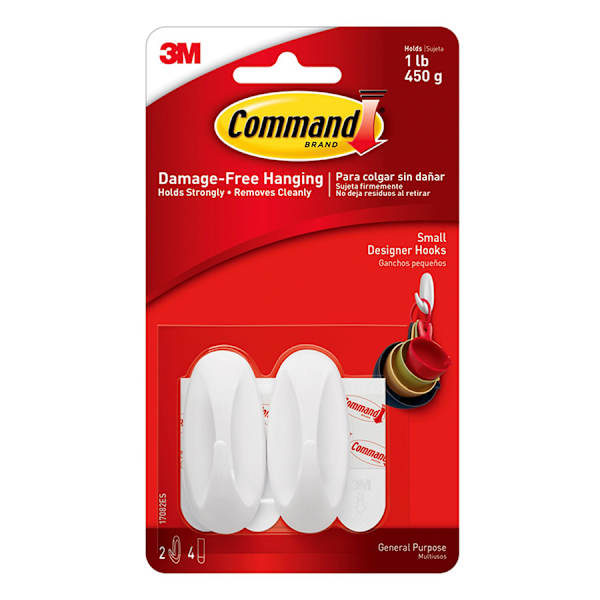 Command Small Designer Hooks, 2-Hooks, 4-Strips/Pack, White