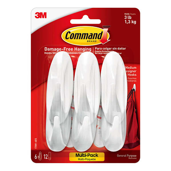 Command Medium Designer Hooks Multi-Pack, 6-Hooks, 12-Strips/Pack, White
