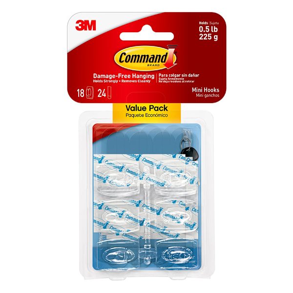 Command Mini Clear Hooks with Clear Strips 18-Hooks, 24-Strips/Pack