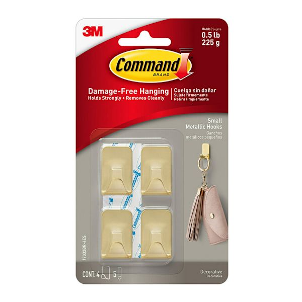 Command Small Metallic Hooks, 4-Hooks, 5-Strips, Brass Color