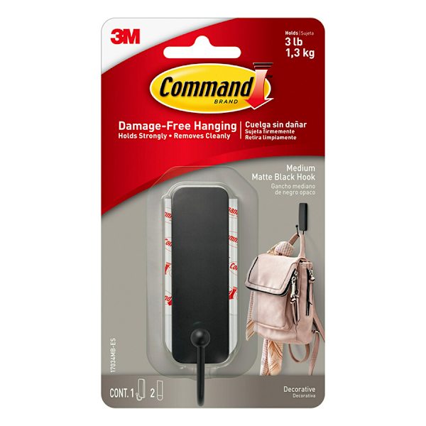 Command Medium Matte Black Hook, 1-Hook, 2-Strips