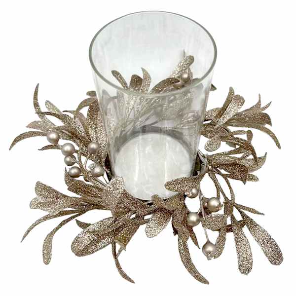 Champagne Mistletoe & Berry Glass Candle Holder Centerpiece, 6"