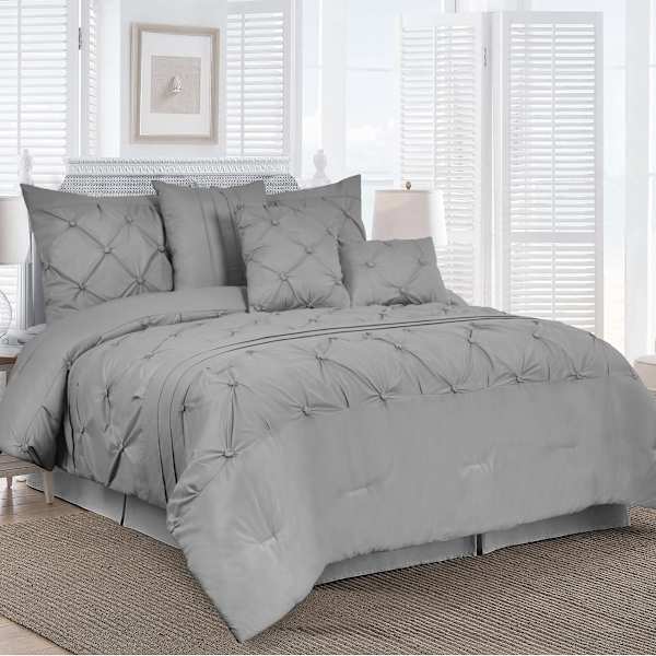 7-Piece Grey Embroidered Pleated Comforter Set, Queen