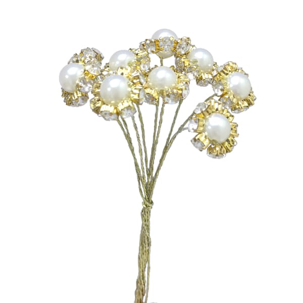 Pearl & Gold Rhinestone Floral Pick, 6"