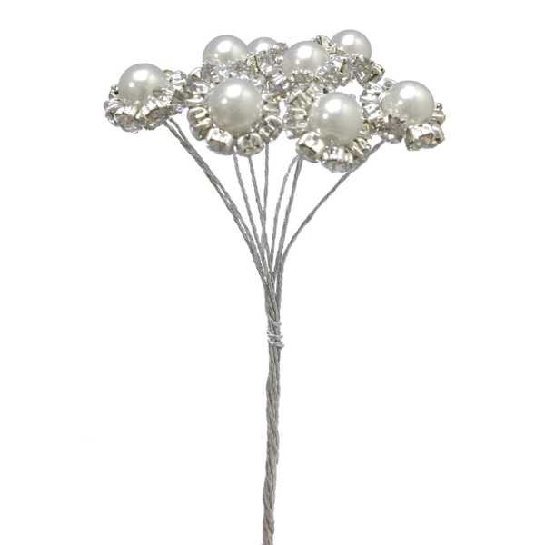 Pearl & Silver Rhinestone Floral Pick, 6"