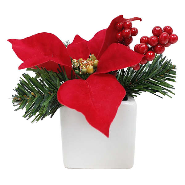 Red Poinsettia & Berry Greenery Arrangement in Ceramic Pot, 6"