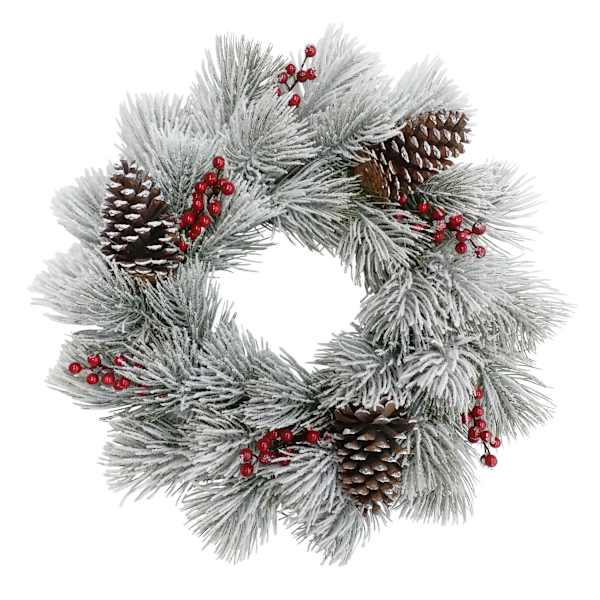 White Flocked Pinecone, Red Berry & Pine Wreath, 22"