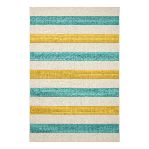(E468) Ember Blue & Yellow Striped Area Rug, 5x8