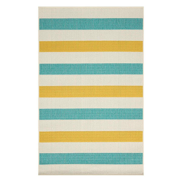 (E468) Ember Blue & Yellow Striped Accent Rug, 3x5