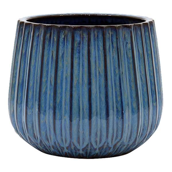 Blue Ribbed Round Outdoor Clay Planter, Large